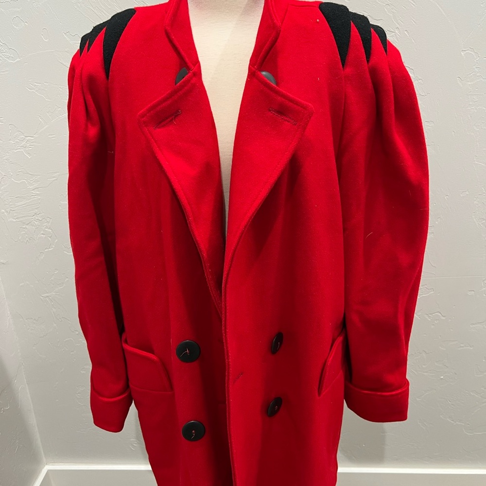 Vintage 1980s Red and Black Wool Retro Coat Size 16